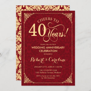 40th Wedding Anniversary - Ruby Red Gold Damask Invitation