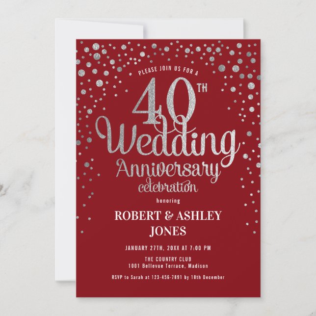 40th Wedding Anniversary - Ruby Red & Silver Invitation (Front)