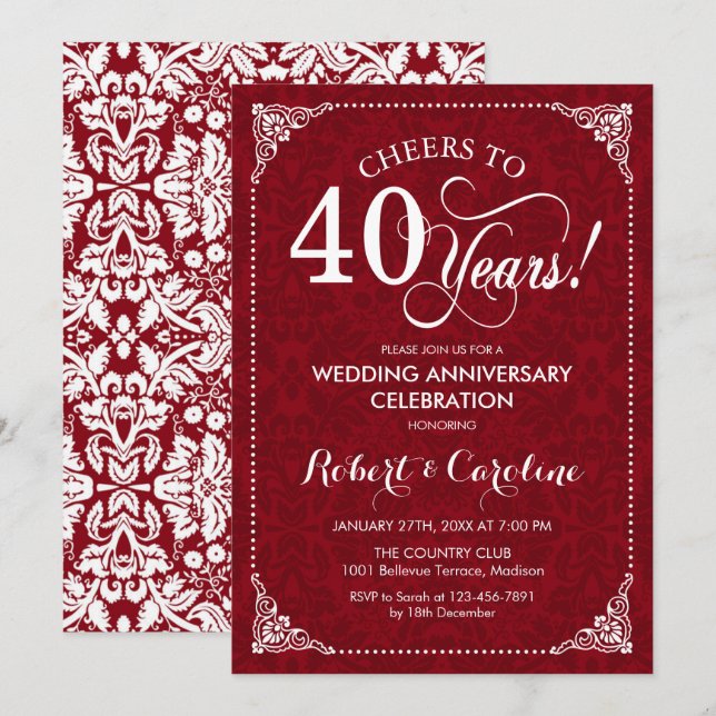 40th Wedding Anniversary - Ruby Red White Damask Invitation (Front/Back)