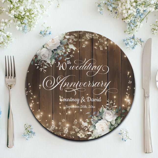 40th Wedding Anniversary Rustic String Lights  Paper Plate (Creator Uploaded)