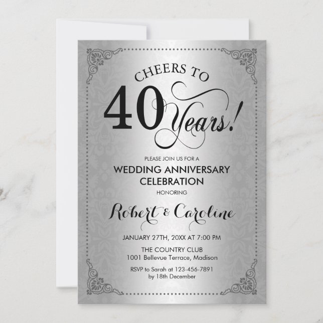 40th Wedding Anniversary - Silver Black Damask Invitation (Front)