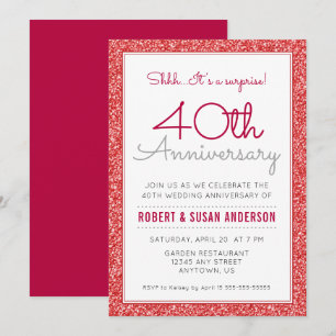 40th Wedding Anniversary Surprise Faux Red Glitter Invitation