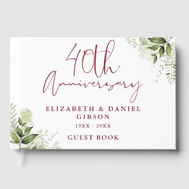 40th Wedding Ruby Anniversary Floral Greenery Guest Book (Front)