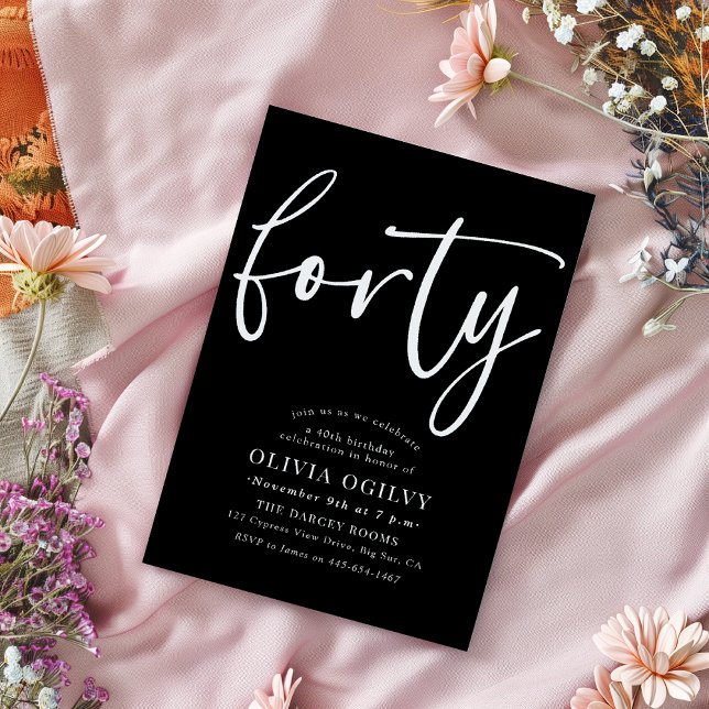 40th White on Black Birthday Party Modern Script Invitation (Creator Uploaded)
