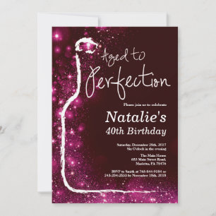 40th Wine Birthday Aged to Perfection Pink Glitter Invitation