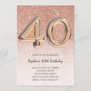 40th Women Birthday Rose Gold Glitter Elegant Invitation