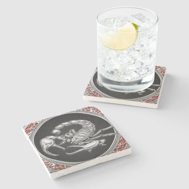 [410] Sacred Silver Scorpion on Black Stone Coaster (Side)