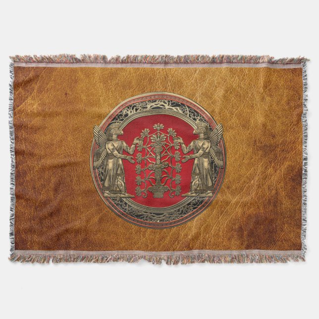 [410] Two Gold Ninurtas with Tree of Life Throw Blanket (Front)