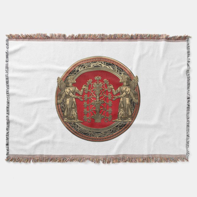 [410] Two Gold Ninurtas with Tree of Life Throw Blanket (Front)
