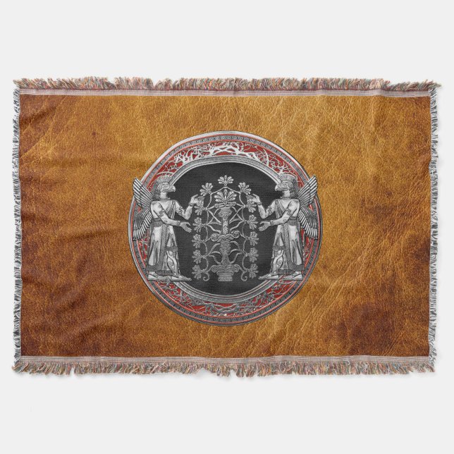 [410] Two Silver Ninurtas with Tree of Life Throw Blanket (Front)