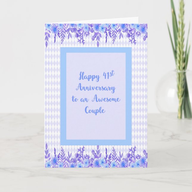 41st Anniversary Card in Blue with Floral Borders (Front)