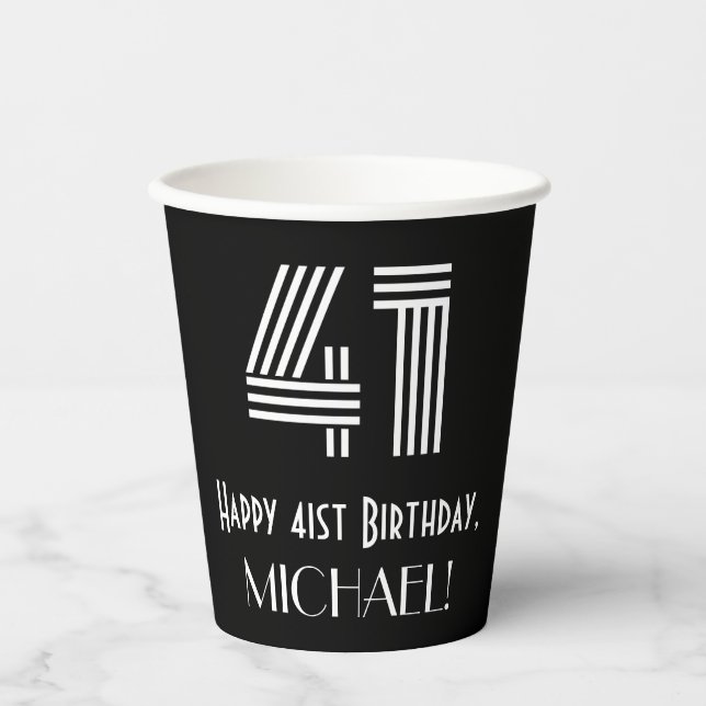 41st Birthday — Art Deco Inspired Look “41” + Name Paper Cups (Front)