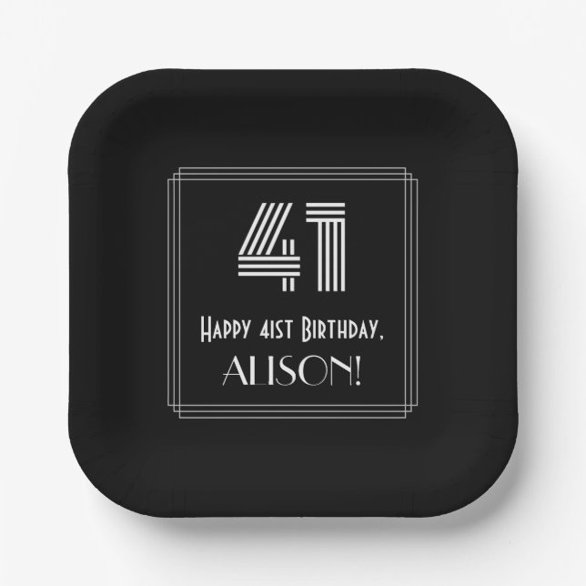 41st Birthday — Art Deco Inspired Look “41” + Name Paper Plate (Front)