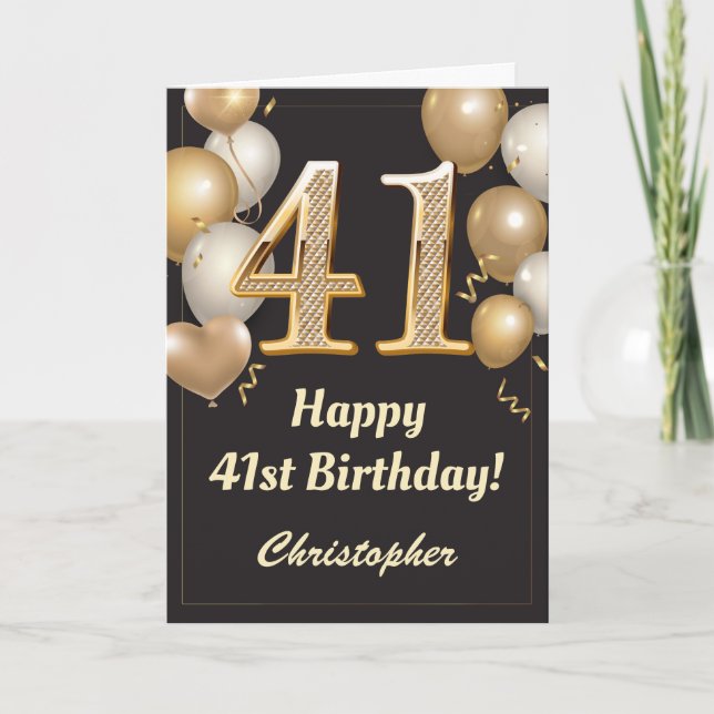 41st Birthday Black and Gold Balloons Confetti Card (Front)