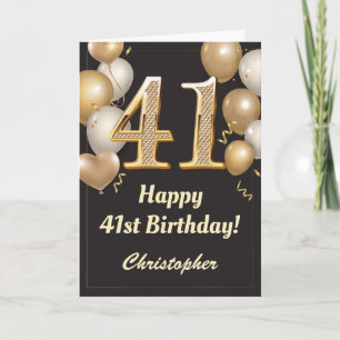 41st Birthday Black and Gold Balloons Confetti Card
