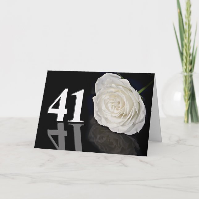 41st Birthday Card with a classic white rose (Front)