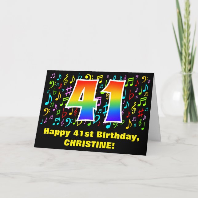 41st Birthday: Colorful Music Symbols & Rainbow 41 Card (Front)