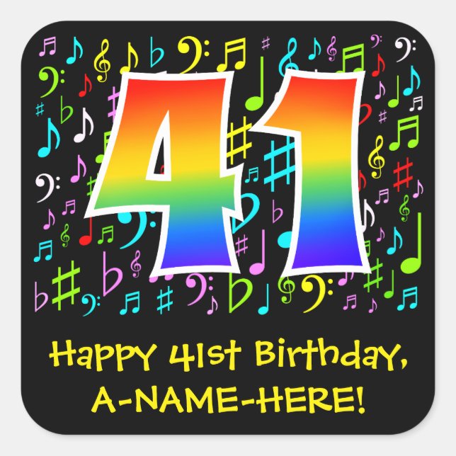 41st Birthday: Colourful Music Symbols, Rainbow 41 Square Sticker (Front)