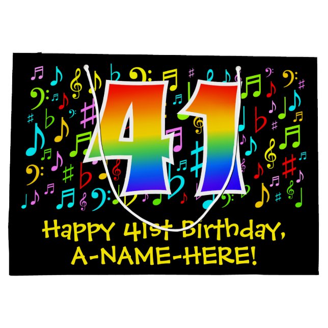 41st Birthday - Colourful Music Symbols, Rainbow 4 Large Gift Bag (Back)