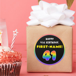 41st Birthday: Colourful Rainbow # 41, Custom Name Classic Round Sticker