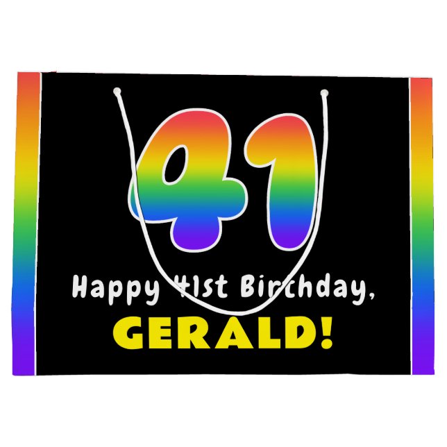 41st Birthday: Colourful Rainbow # 41, Custom Name Large Gift Bag (Back)