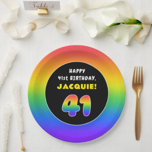 41st Birthday: Colourful Rainbow # 41, Custom Name Paper Plate