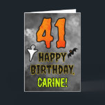 41st Birthday: Eerie Halloween Theme   Custom Name Card<br><div class="desc">The front of this scary and spooky Halloween themed birthday greeting card design features a large number “41” and the message “HAPPY BIRTHDAY, ”, plus an editable name. There are also depictions of a bat and a ghost on the front. The inside features a customised birthday greeting message, or could...</div>
