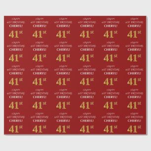 41st Birthday: Elegant, Red, Faux Gold Look Wrapping Paper