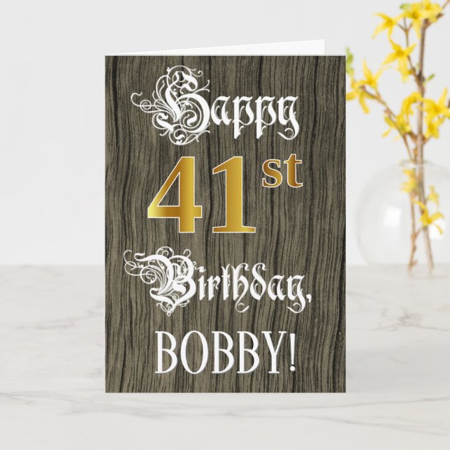 41st Birthday: Faux Gold Look + Faux Wood Pattern Card (Yellow Flower)