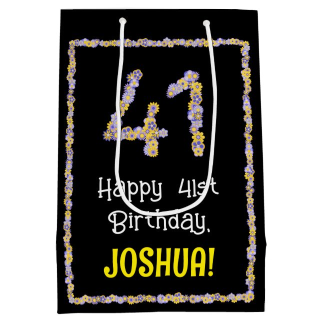 41st Birthday: Floral Flowers Number, Custom Name Medium Gift Bag (Back)