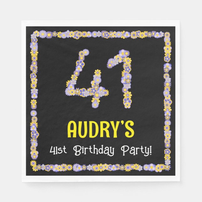 41st Birthday: Floral Flowers Number, Custom Name Napkin (Front)