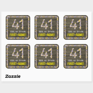 41st Birthday: Floral Number, Faux Wood Look, Name Square Sticker