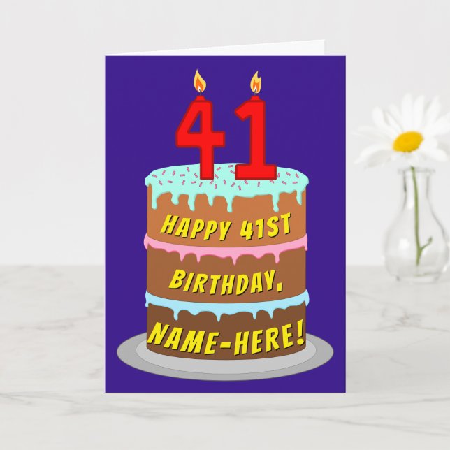 41st Birthday: Fun Cake and Candles + Custom Name Card (Small Plant)