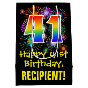 41st Birthday: Fun Fireworks Pattern + Rainbow 41 Medium Gift Bag