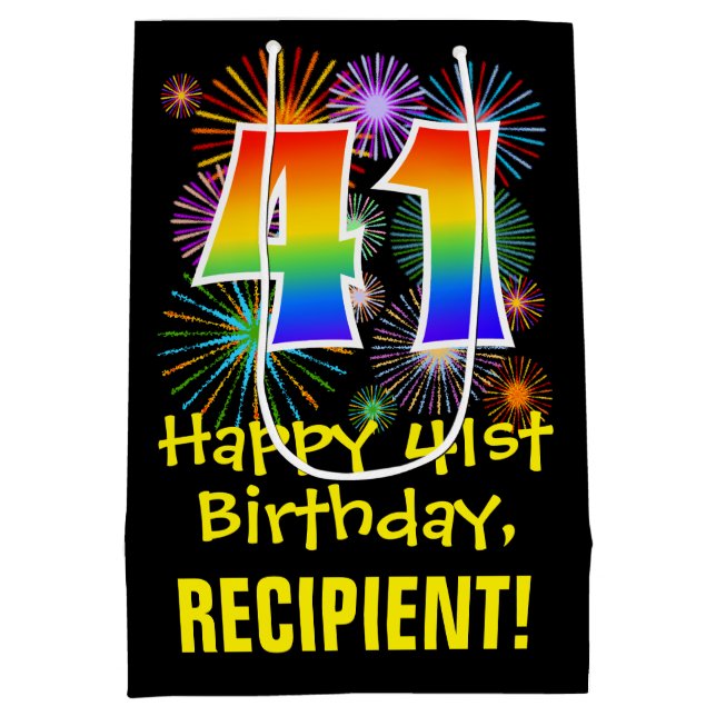 41st Birthday: Fun Fireworks Pattern + Rainbow 41 Medium Gift Bag (Back)
