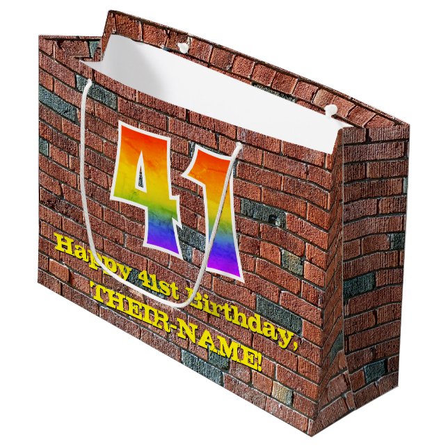 41st Birthday: Fun, Graffiti-Inspired Rainbow # 41 Large Gift Bag (Front Angled)
