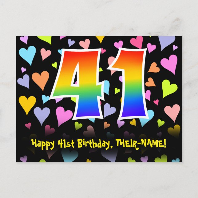 41st Birthday: Fun Hearts Pattern, Rainbow 41 Postcard (Front)