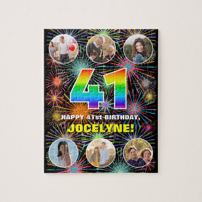 41st Birthday: Fun Rainbow #, Custom Name + Photos Jigsaw Puzzle (Vertical)