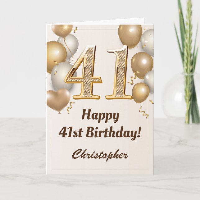 41st Birthday Gold Balloons and Confetti Birthday Card (Front)