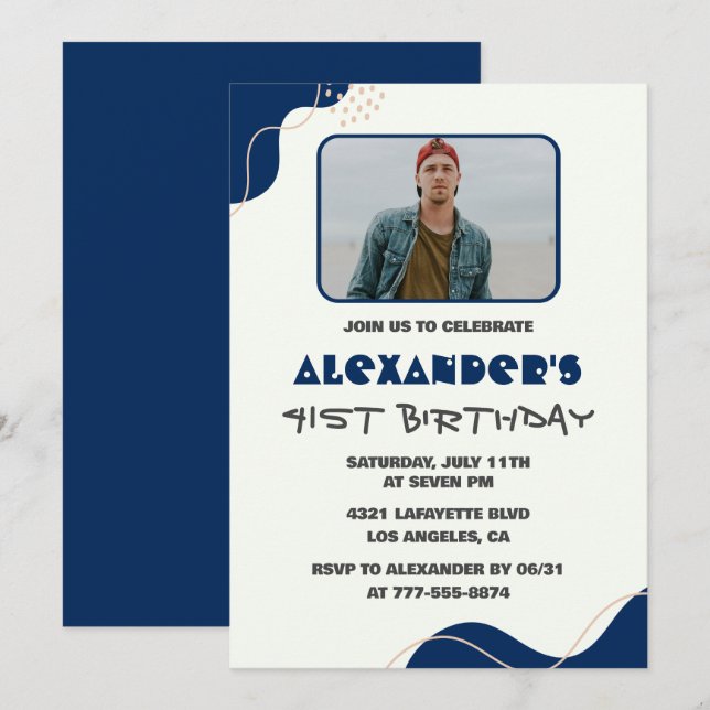 41st birthday invitations Men Navy Simple Photo (Front/Back)