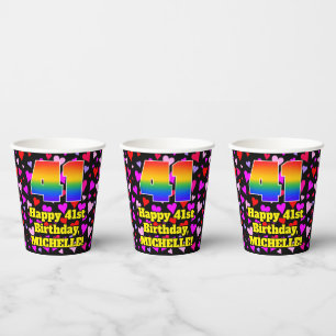 41st Birthday: Loving Hearts Pattern, Rainbow 41 Paper Cups