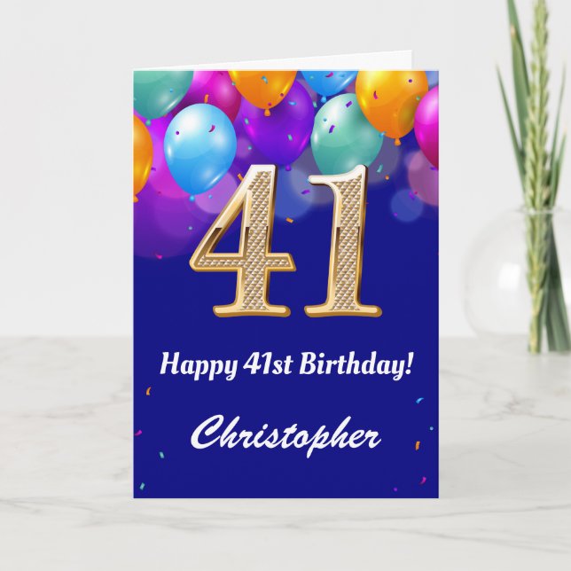 41st Birthday Navy Blue and Gold Colourful Balloon Card (Front)