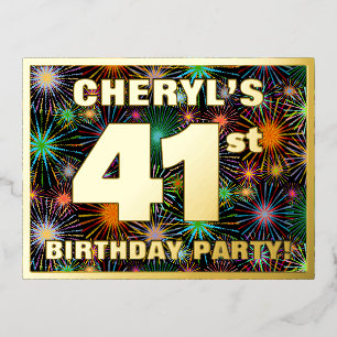 41st Birthday Party: Bold, Colourful Fireworks Loo Foil Invitation Postcard