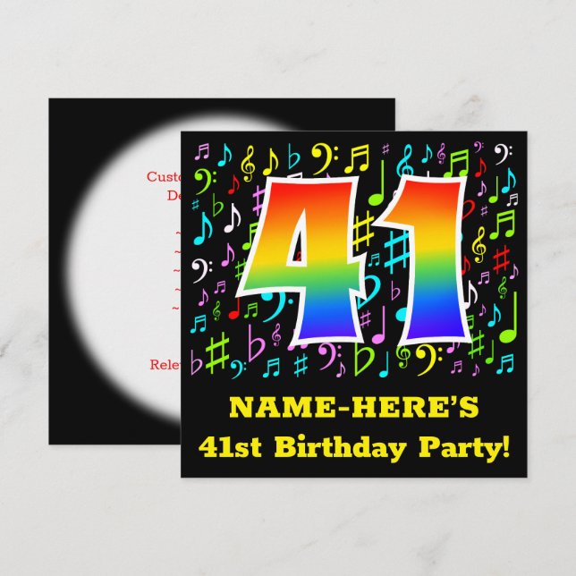 41st Birthday Party: Fun Music Symbols, Rainbow 41 Invitation (Front/Back)