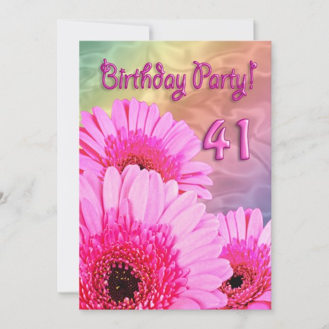 41st Birthday party invitation with pink flowers (Front)