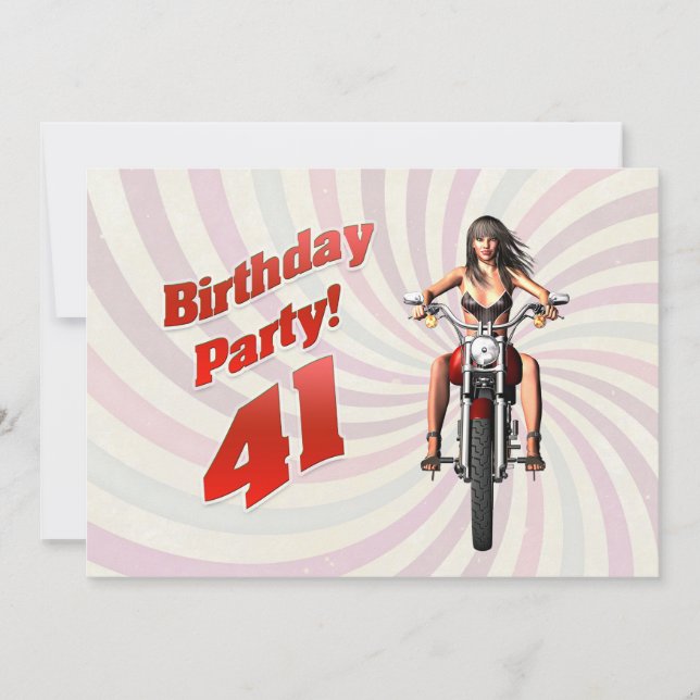 41st birthday party with a girl on a motorbike invitation (Front)