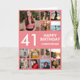 41st Birthday Photo Collage 13 Photos Pink & White Card