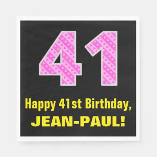 41st Birthday: Pink Stripes and Hearts "41" + Name Napkin