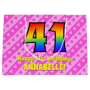 41st Birthday: Pink Stripes & Hearts, Rainbow # 41 Large Gift Bag