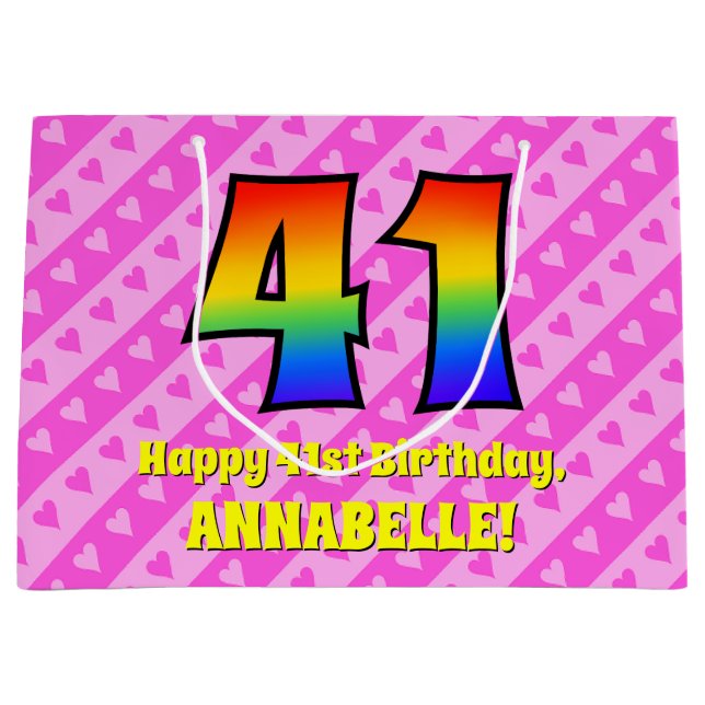 41st Birthday: Pink Stripes & Hearts, Rainbow # 41 Large Gift Bag (Front)